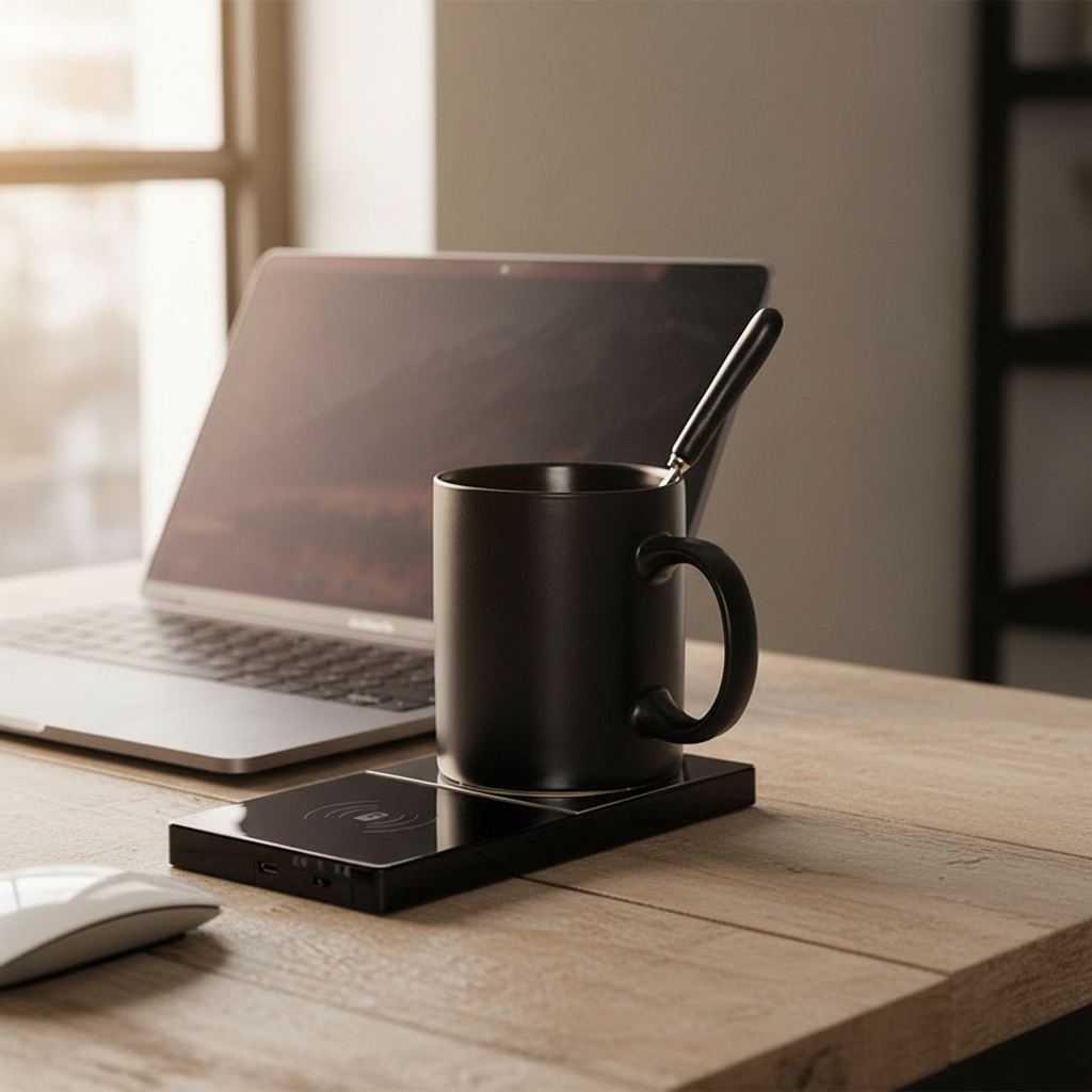 2 In 1 Heating Mug Cup Warmer Electric Wireless Charger For Home Office Coffee Milk arranged as shown in the reference p