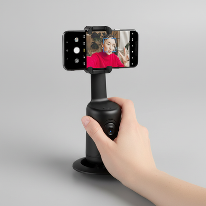 Detail crop with the model holding 360° AI Smart Face Tracking Gimbal – Wireless Auto-Rotation Phone Stabilizer & Tripod...