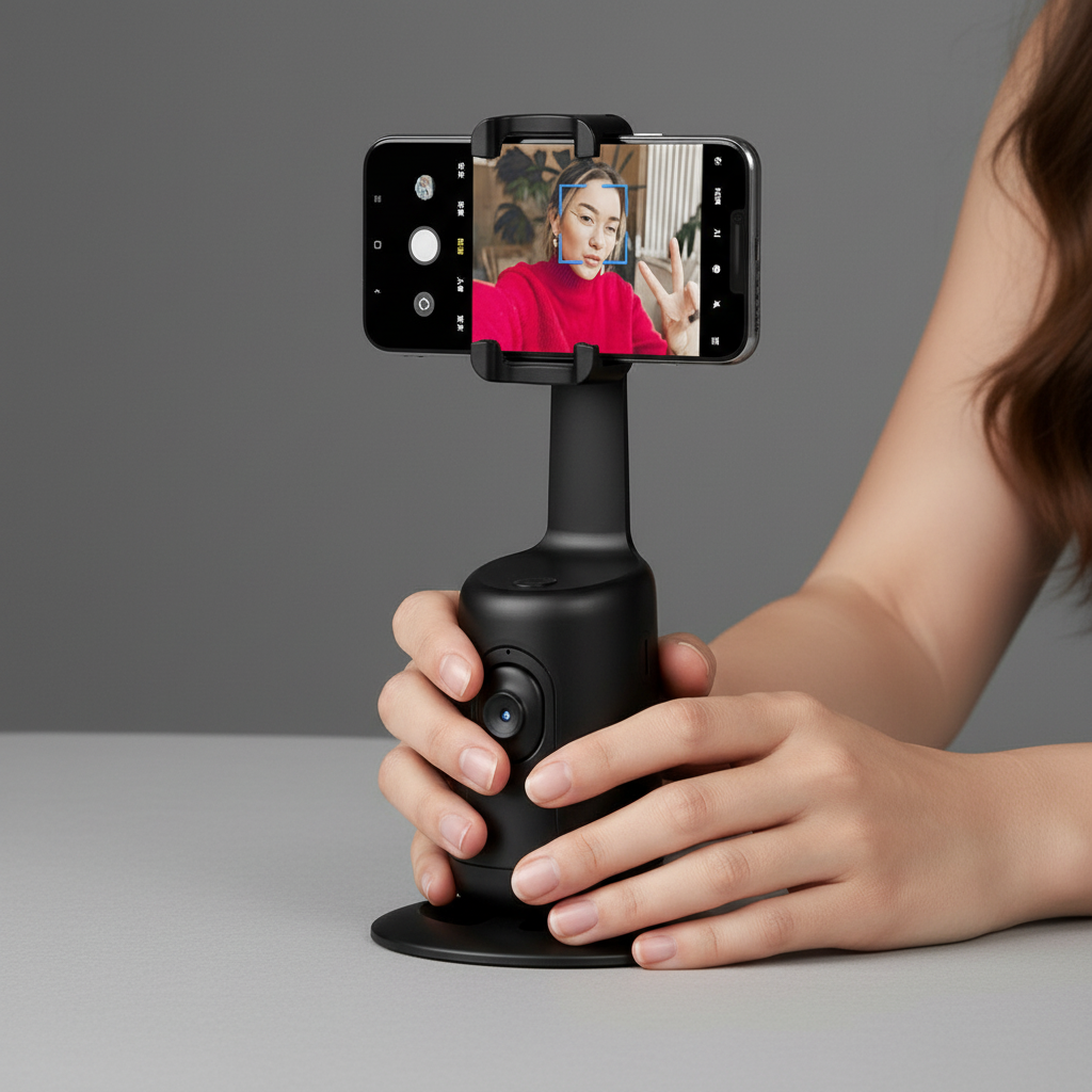 Detail crop with the model holding 360° AI Smart Face Tracking Gimbal – Wireless Auto-Rotation Phone Stabilizer & Tripod...