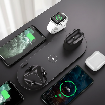 The model is wearing 6-in-1 Fast Wireless Charging Station – Multi-Device Desk Charger Dock with LED Indicator for iPhon...