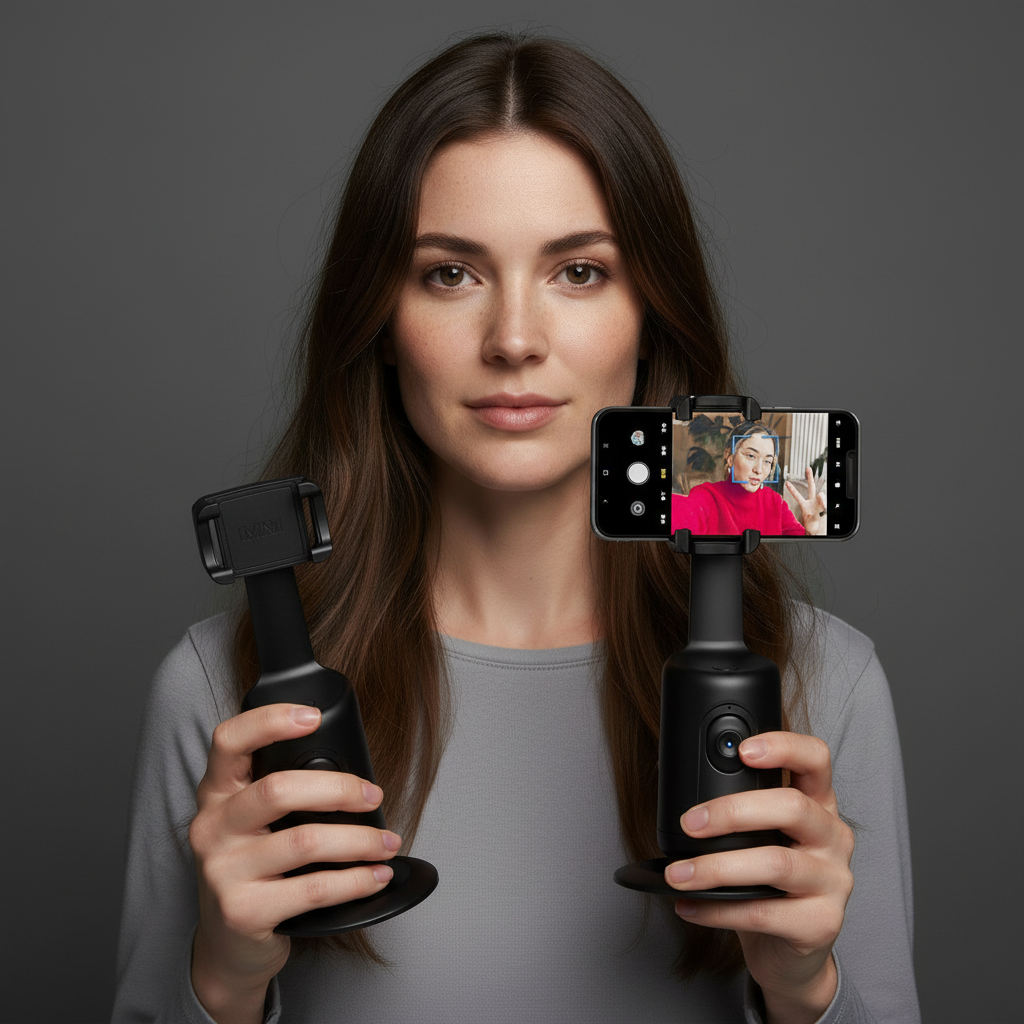 Detail crop with the model holding 360° AI Smart Face Tracking Gimbal – Wireless Auto-Rotation Phone Stabilizer & Tripod...