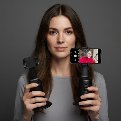 Detail crop with the model holding 360° AI Smart Face Tracking Gimbal – Wireless Auto-Rotation Phone Stabilizer & Tripod...
