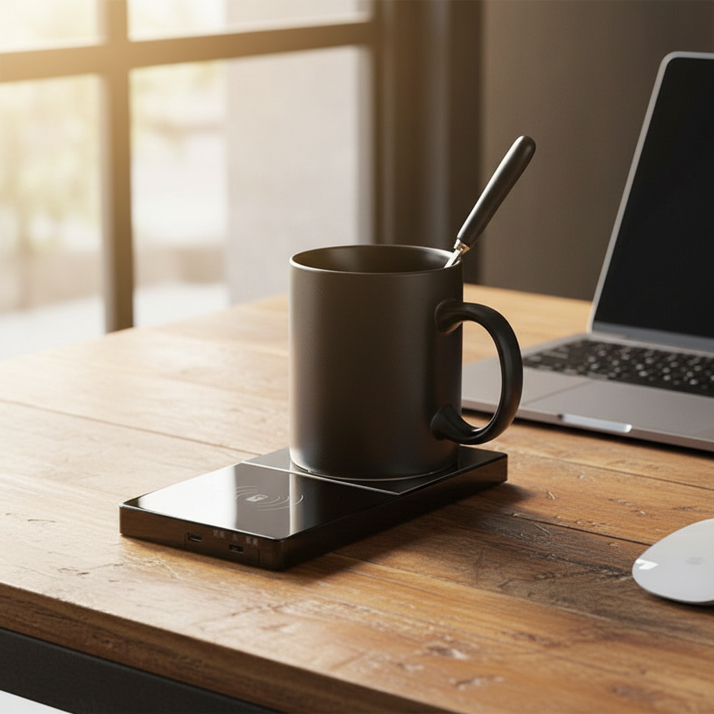 2 In 1 Heating Mug Cup Warmer Electric Wireless Charger For Home Office Coffee Milk arranged as shown in the reference p...