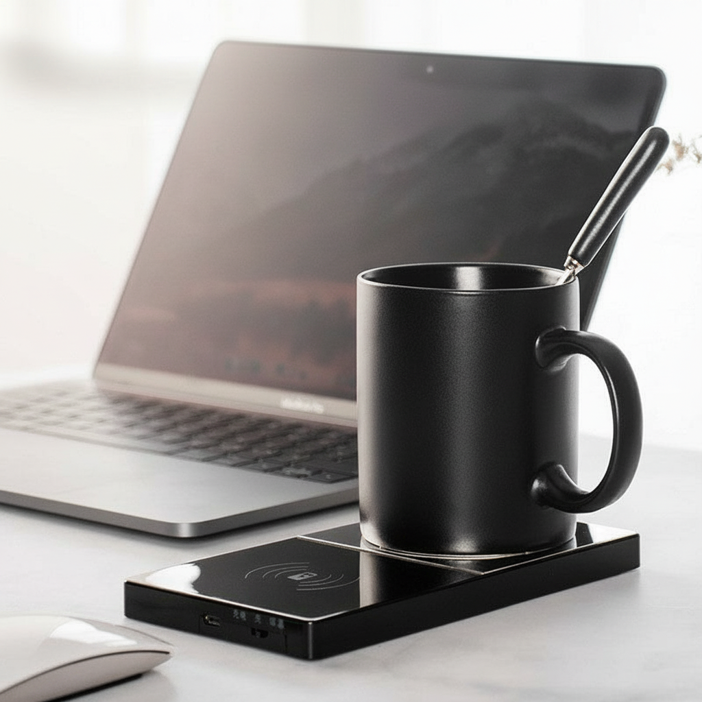 2 In 1 Heating Mug Cup Warmer Electric Wireless Charger For Home Office Coffee Milk arranged as shown in the reference p...