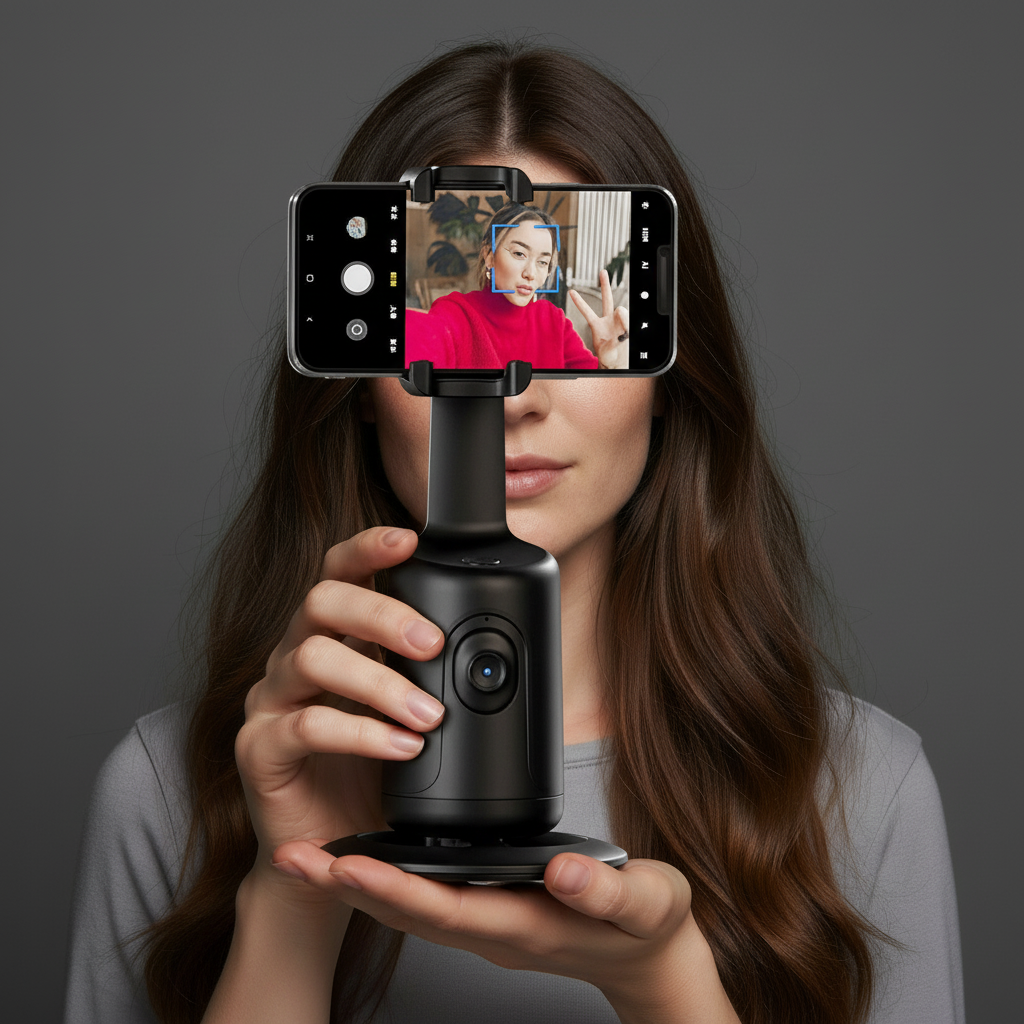 Detail crop with the model holding 360° AI Smart Face Tracking Gimbal – Wireless Auto-Rotation Phone Stabilizer & Tripod...
