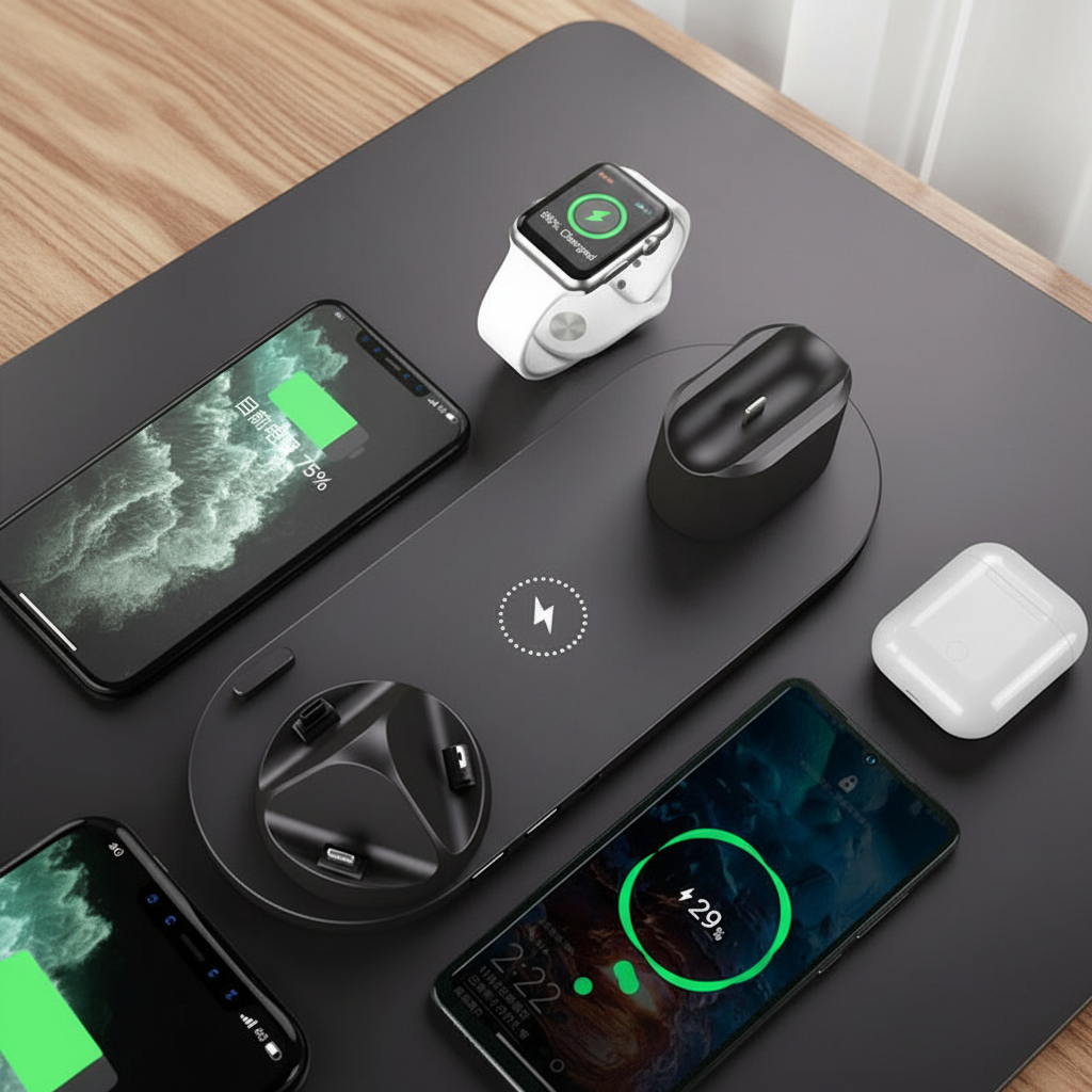 The model is wearing 6-in-1 Fast Wireless Charging Station – Multi-Device Desk Charger Dock with LED Indicator for iPhon