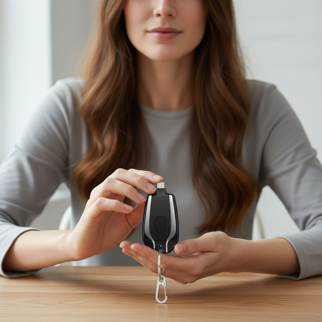 The model is holding 1500mAh Mini Power Emergency Pod Keychain Charger With Type-C Ultra-Compact Mini Battery Pack Fast ...