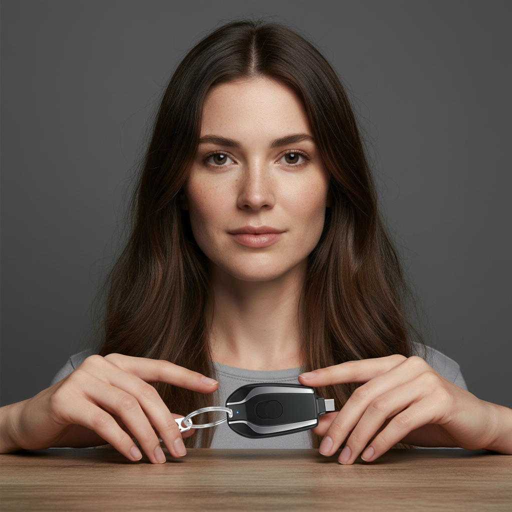 The model is holding 1500mAh Mini Power Emergency Pod Keychain Charger With Type-C Ultra-Compact Mini Battery Pack Fast ...