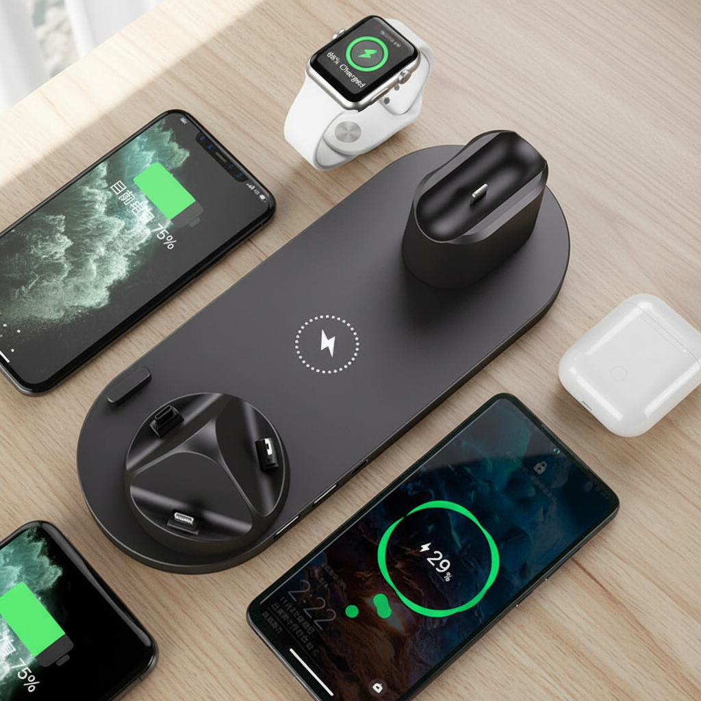 The model is wearing 6-in-1 Fast Wireless Charging Station – Multi-Device Desk Charger Dock with LED Indicator for iPhon...